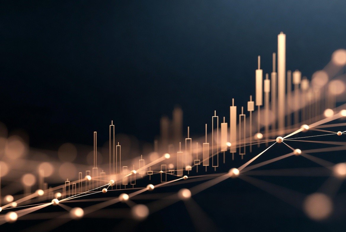 Premium abstract finance background with gold mountain and chart elements