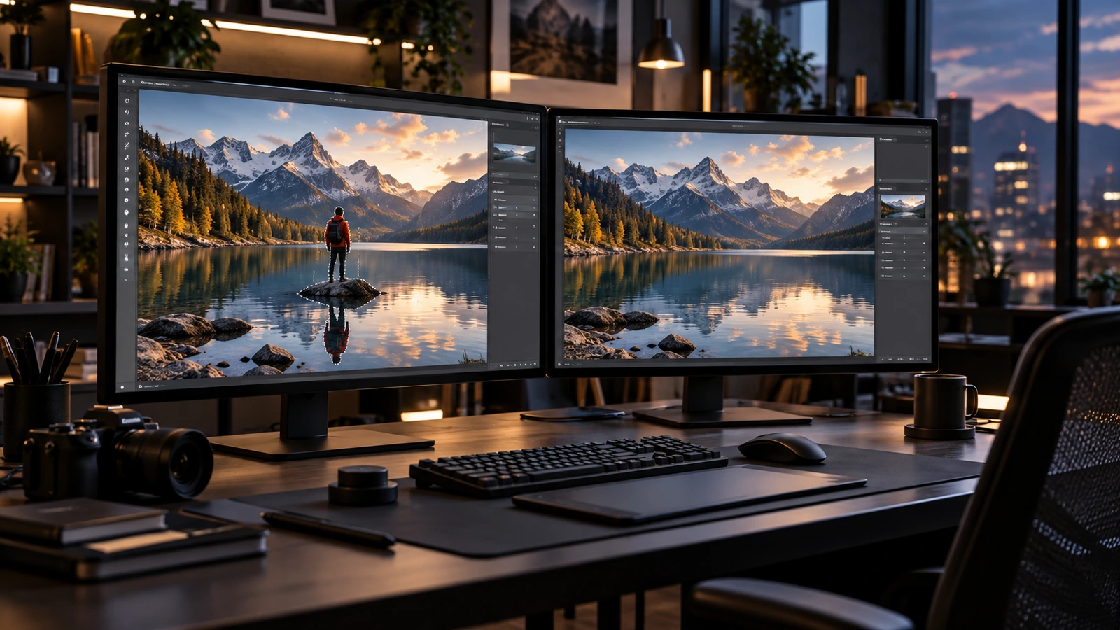 Conceptual editorial illustration of a creative workstation with photo-editing monitors; not an Adobe product screenshot.