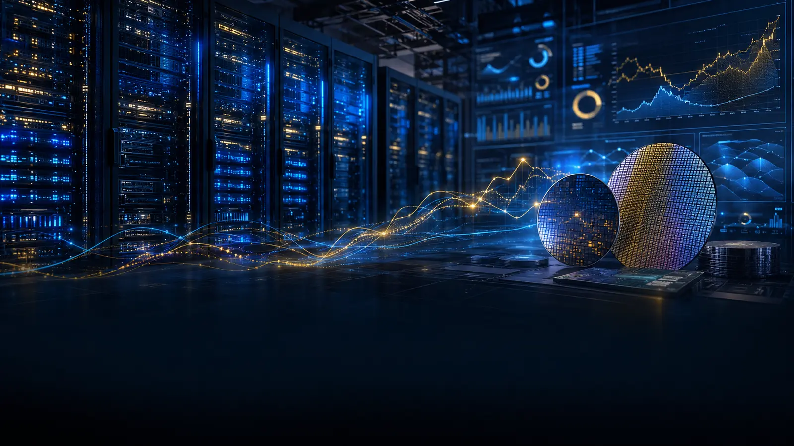 Editorial illustration of AI accelerator racks, silicon wafers and abstract financial performance lines