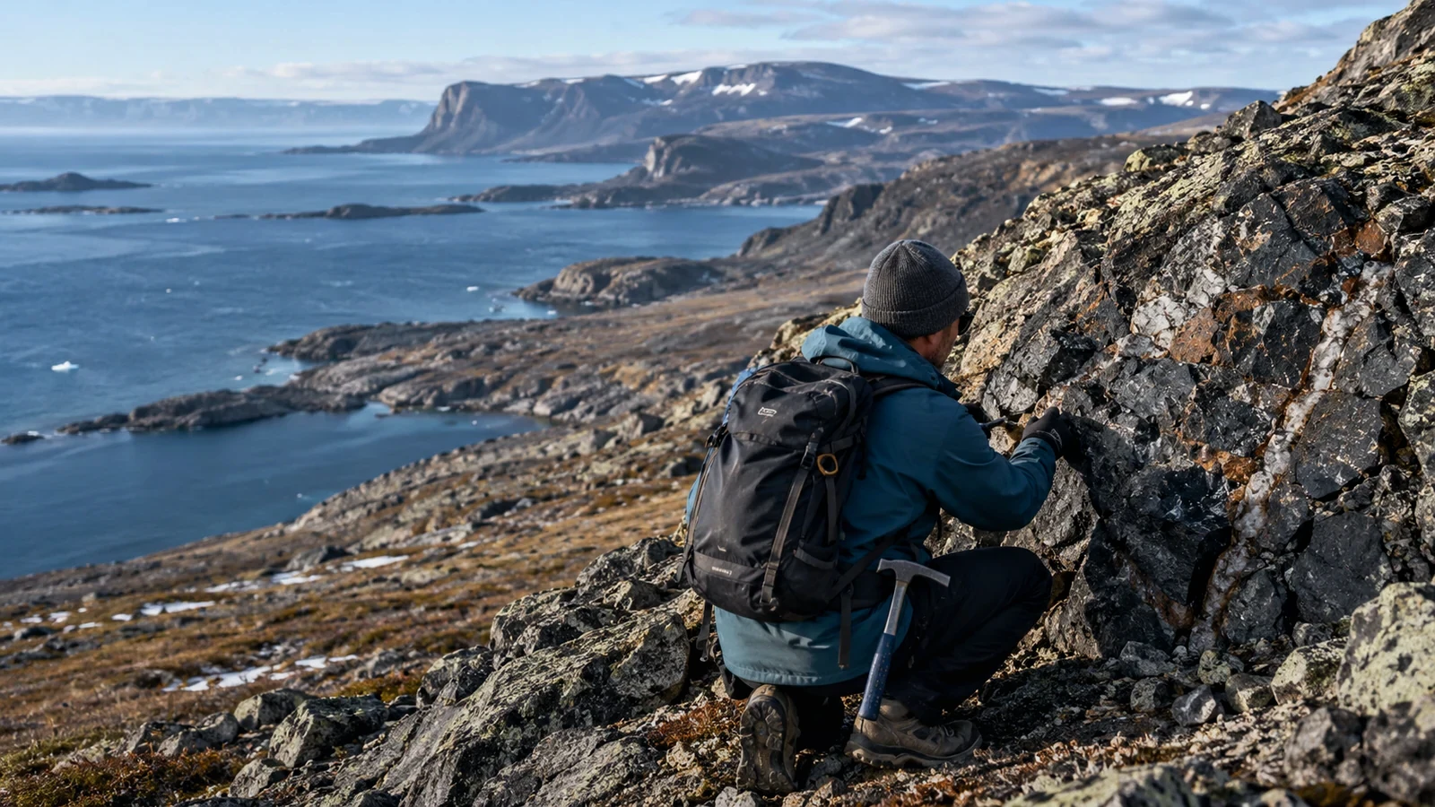 Editorial illustration of a field geologist examining exposed rock in a coastal northern exploration setting; representative image, not a photograph of an Alex Metals project.