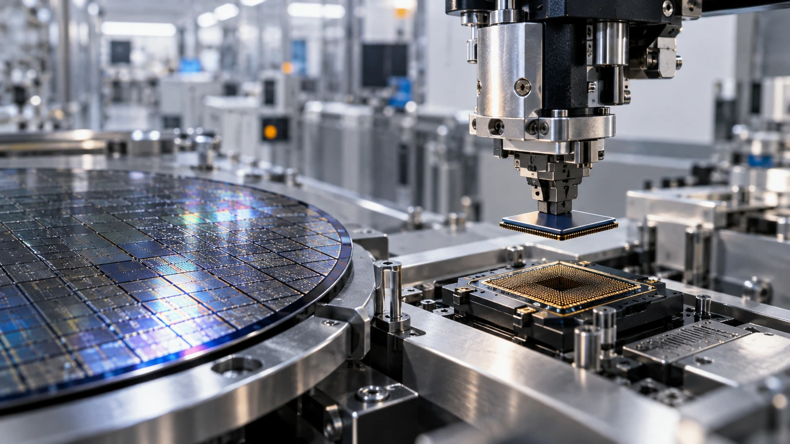 Conceptual machinery handling a semiconductor die during advanced packaging.