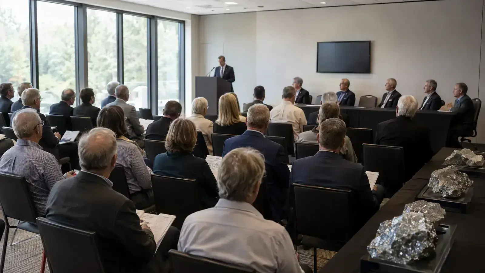 Shareholders attending a mining-company annual meeting with an executive at the lectern