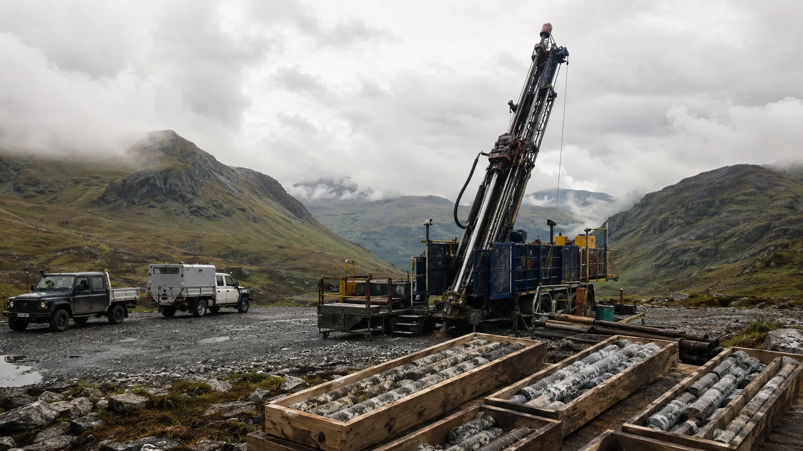 Exploration drill rig in remote terrain representing Appia’s uranium target-generation work at Otherside