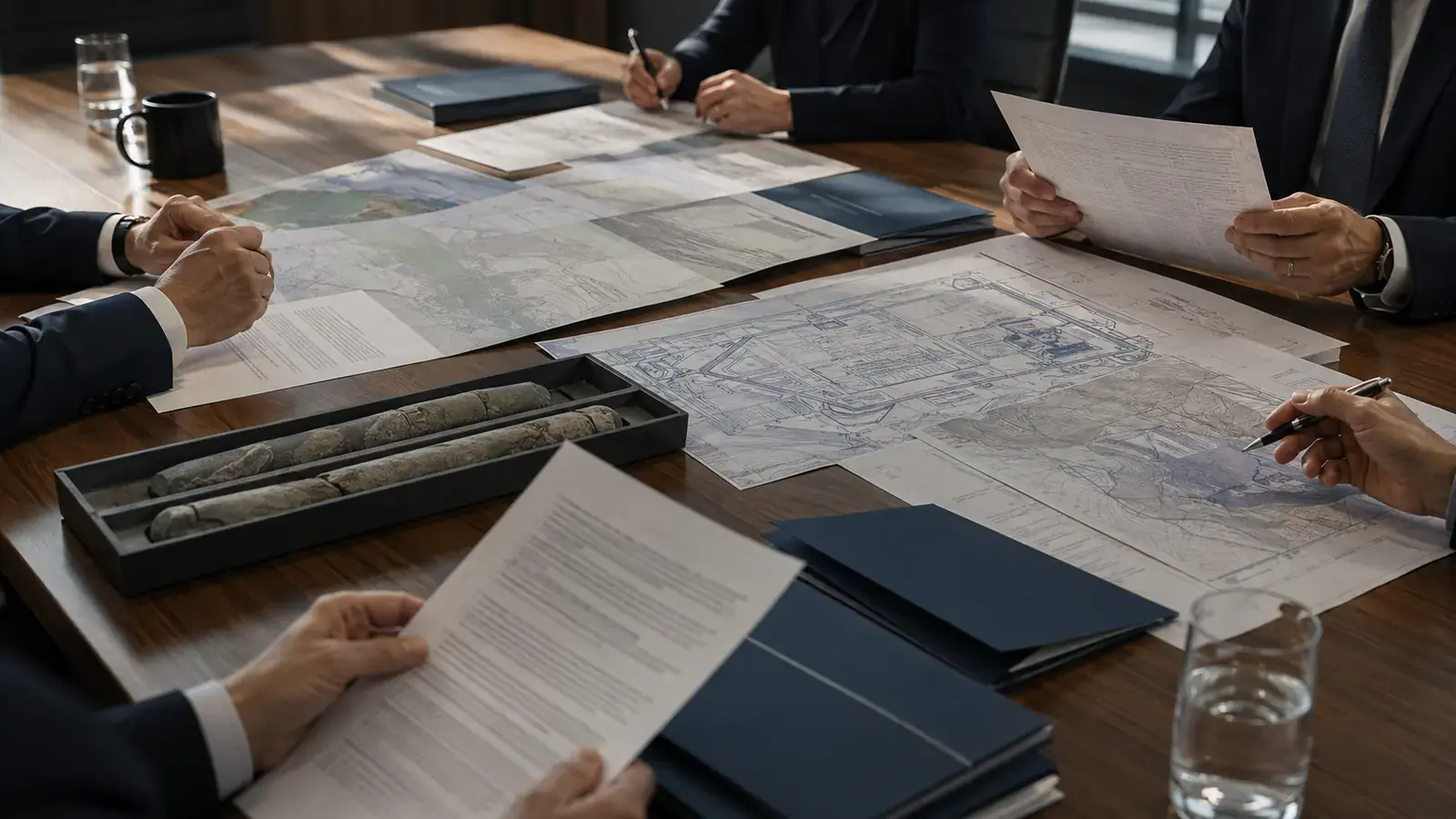 Boardroom table with proxy materials, geological maps, refinery plans and mineral core samples