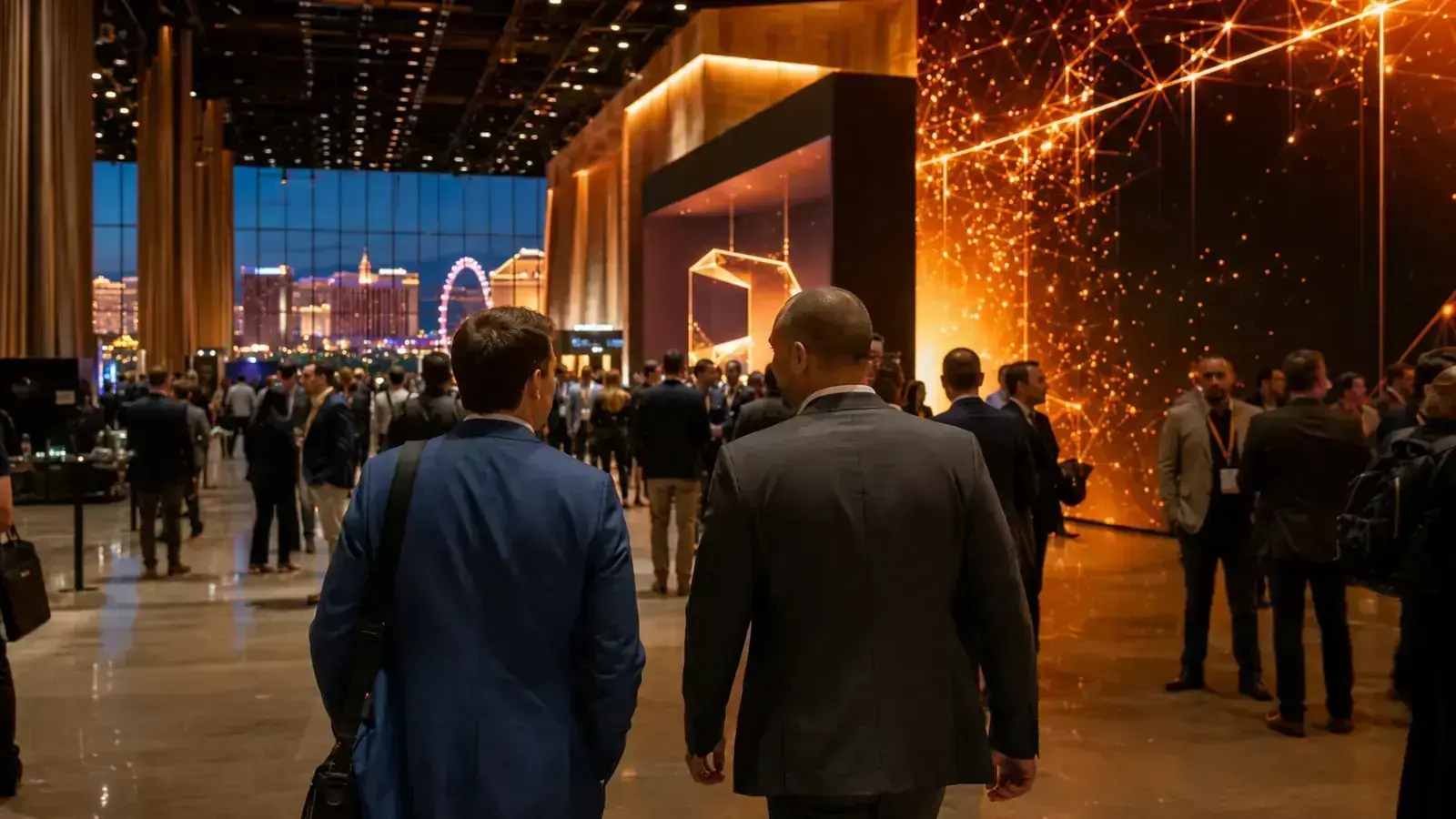 Executives walking through a digital-asset industry conference hall in Las Vegas