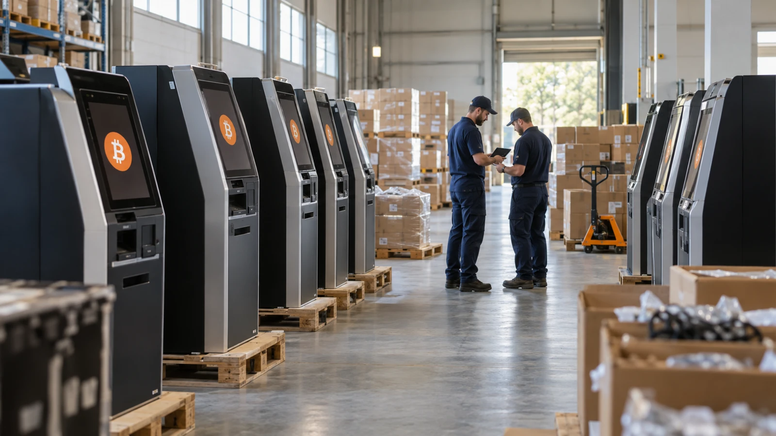 AI-generated editorial illustration of cryptocurrency kiosks and technicians in a logistics facility; not an acquired Bitcoin Depot site.