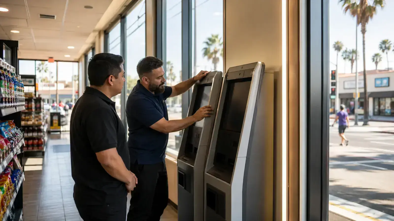 Technician testing unbranded cryptocurrency kiosks in a Southern California retail location