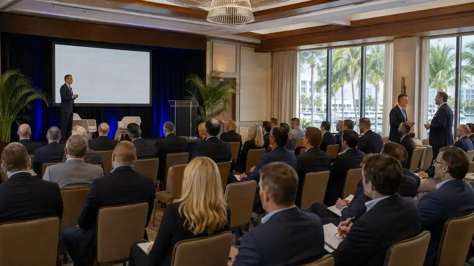 Investors attending a company presentation at a South Florida hotel conference