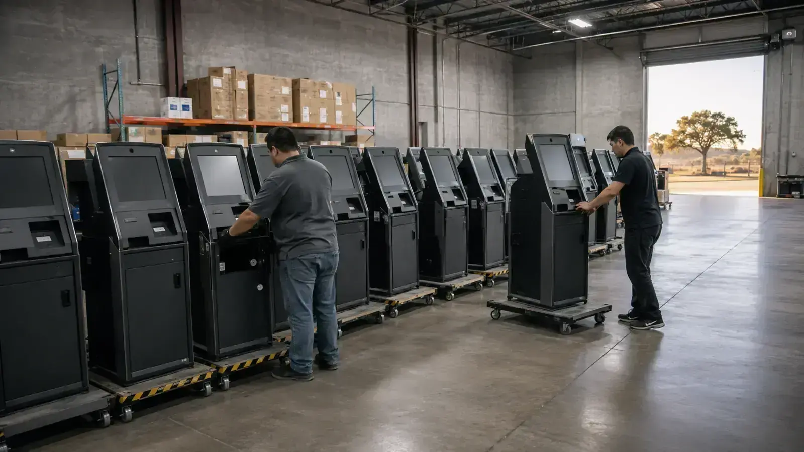 Rows of unbranded cryptocurrency kiosks staged in a warehouse for a Texas deployment