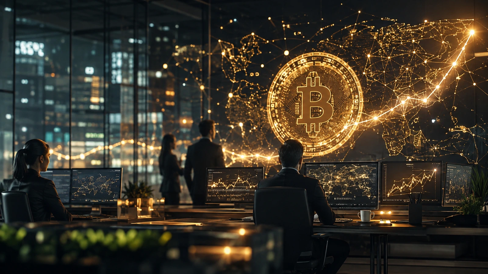 Bitcoin network and financial-market imagery representing Bitcoin Bancorp’s second-quarter revenue update and higher 2026 guidance