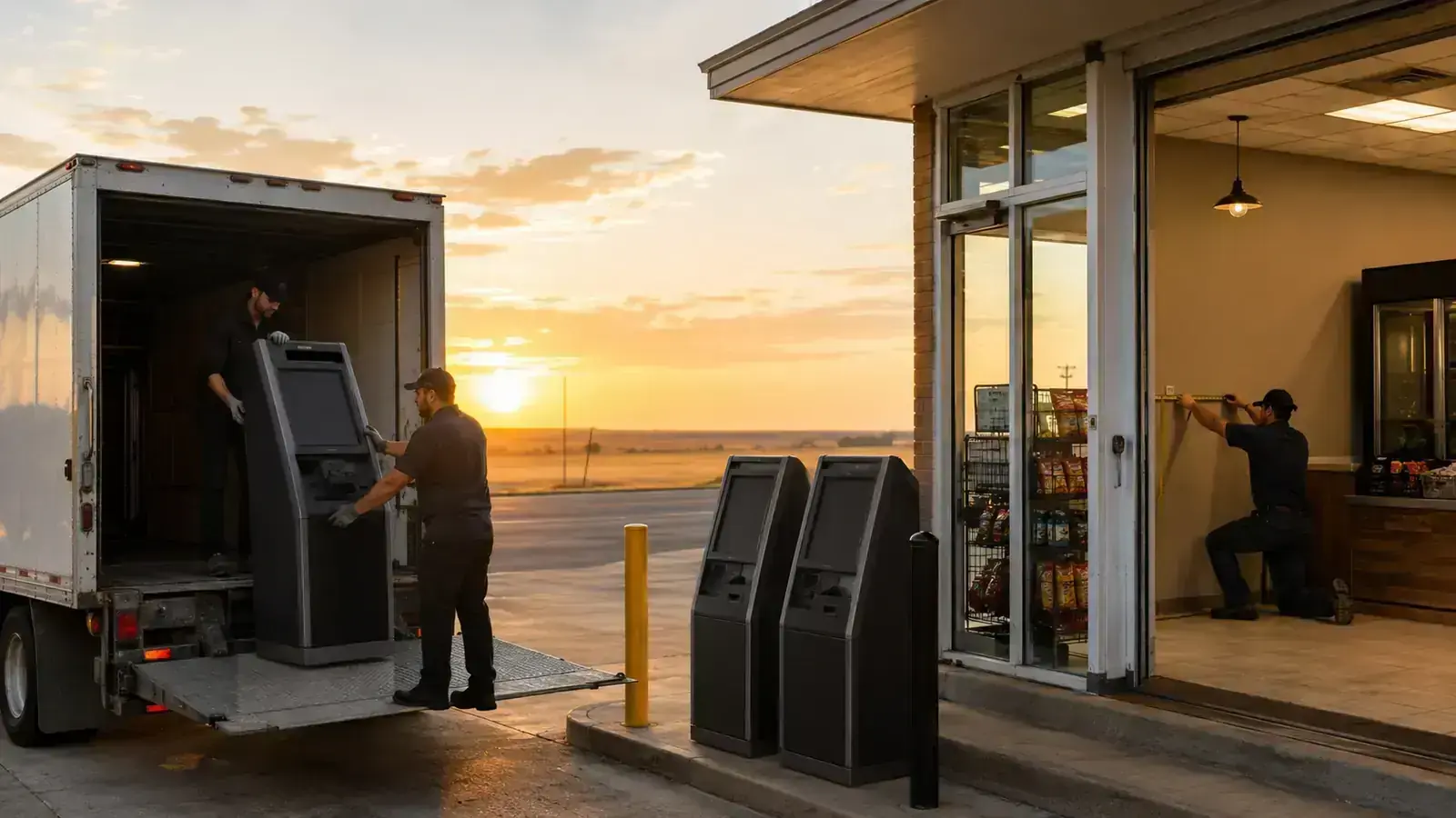 Service crew unloading multiple cryptocurrency kiosks at a Texas roadside retail location