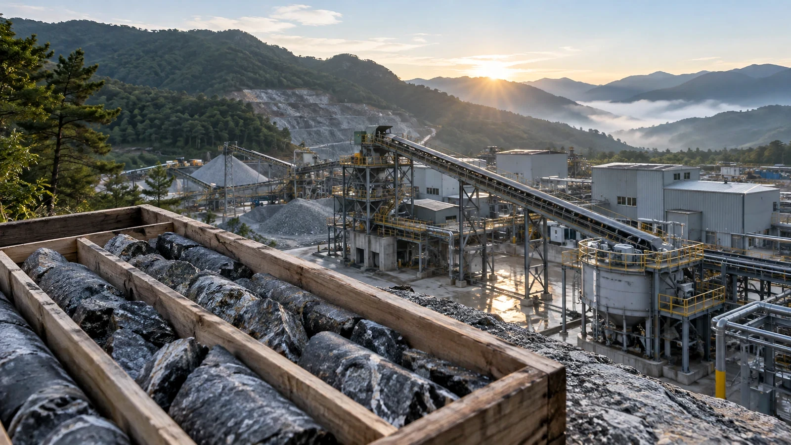 Representative editorial image of drill core and a tungsten processing complex; not a photograph of Blue Moon Metals’ Springer assay campaign.