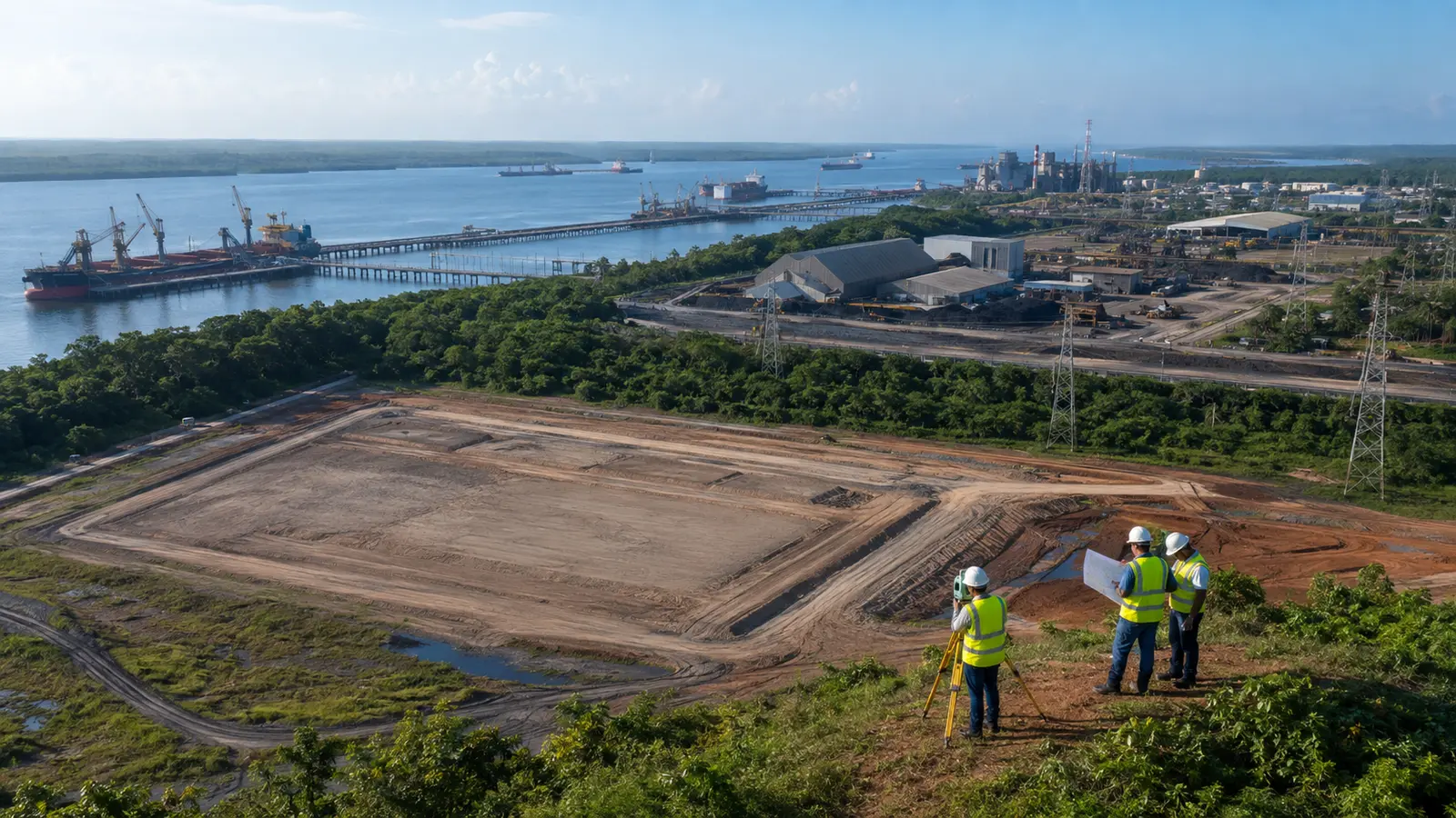 Engineers surveying a prepared industrial site beside deep-water port infrastructure in Pará, Brazil