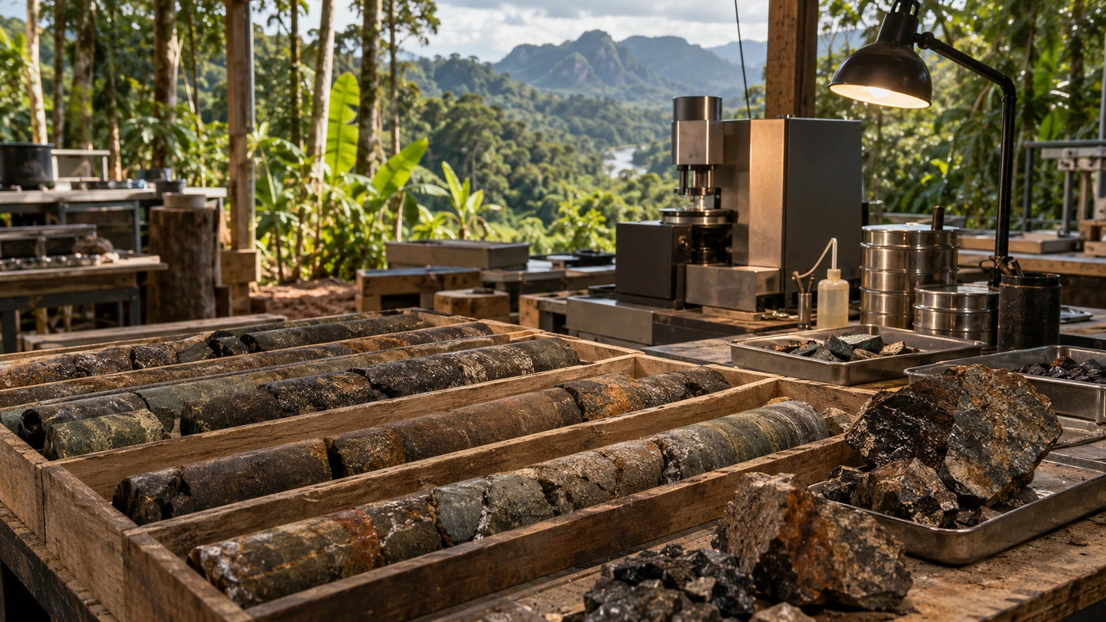 Conceptual mineral core samples in a tropical field laboratory.