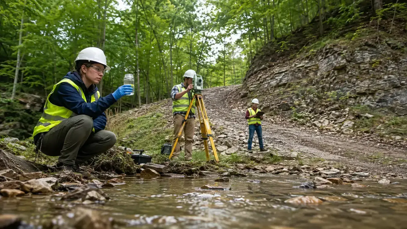 Environmental field team surveying a limestone creek at a Kentucky fluorspar project