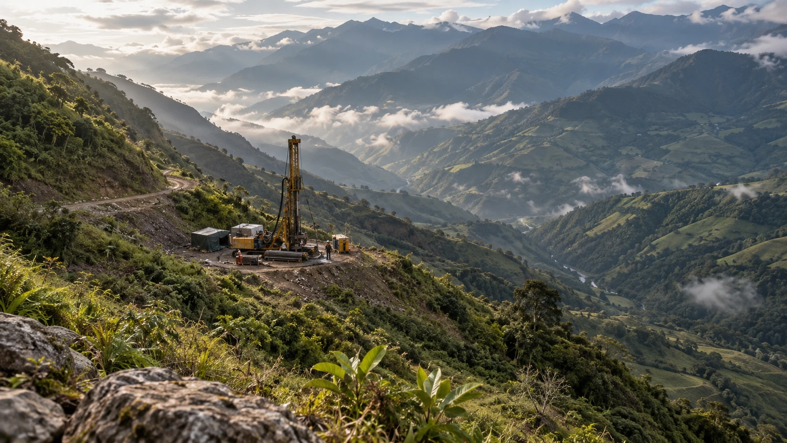 Conceptual exploration drill rig among lush Andean hills.