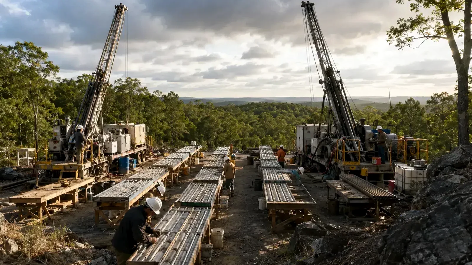 Representative editorial image of a multi-rig precious-metals exploration program and core logging; not a photograph of Contango’s Kitsault Valley drilling.