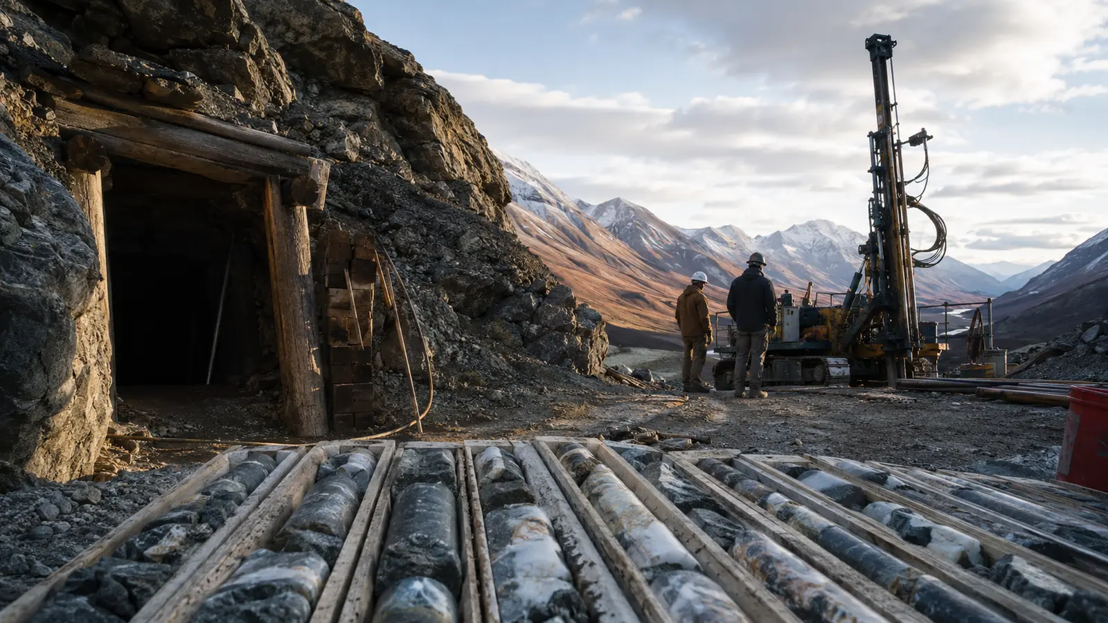 Modern exploration drilling beside a historic underground mine entrance in Alaska with drill core in the foreground