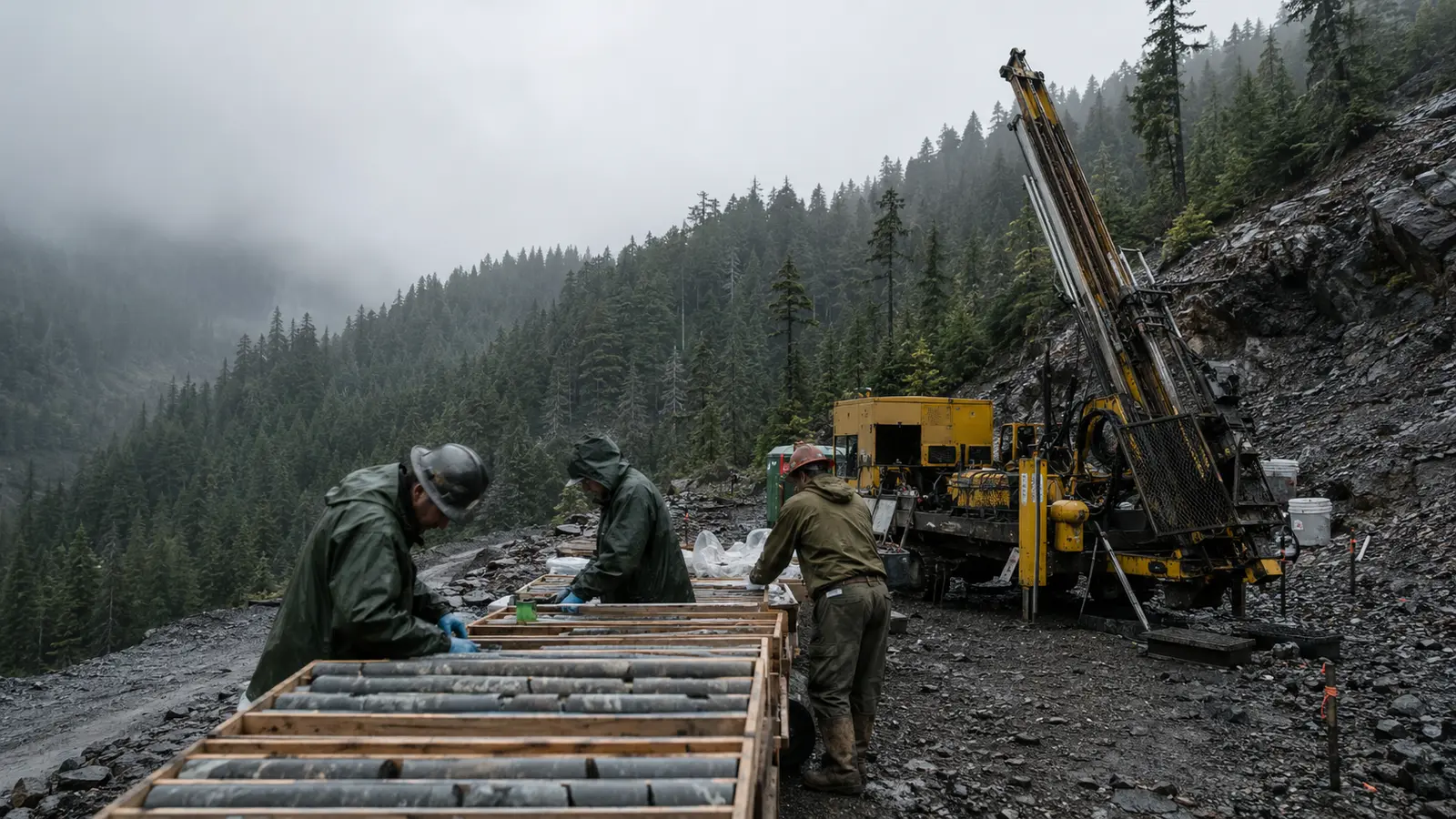 Exploration crew preparing drill core for shipment at a remote copper-gold project in British Columbia