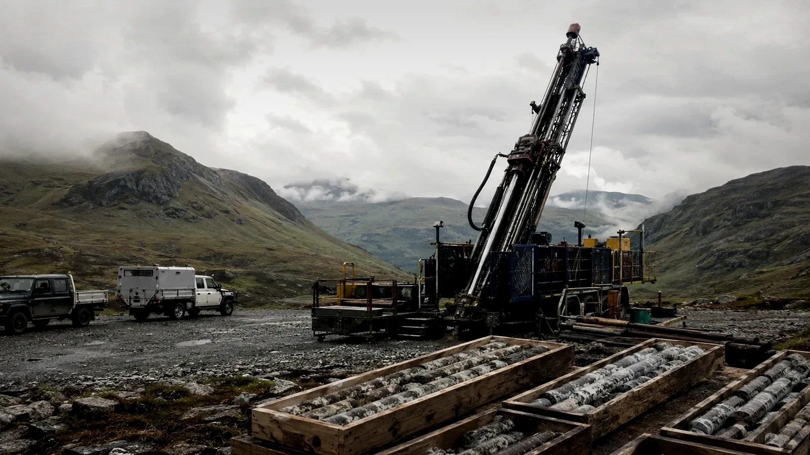 Representative editorial image of uranium exploration drilling and core handling in a remote field setting; not a photograph of Cosa’s Aurora drill program.