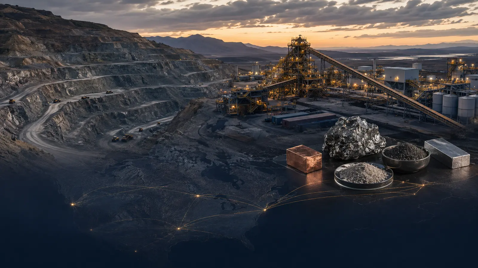 Editorial illustration of a North American critical-minerals mine, processing plant and secure supply-chain routes