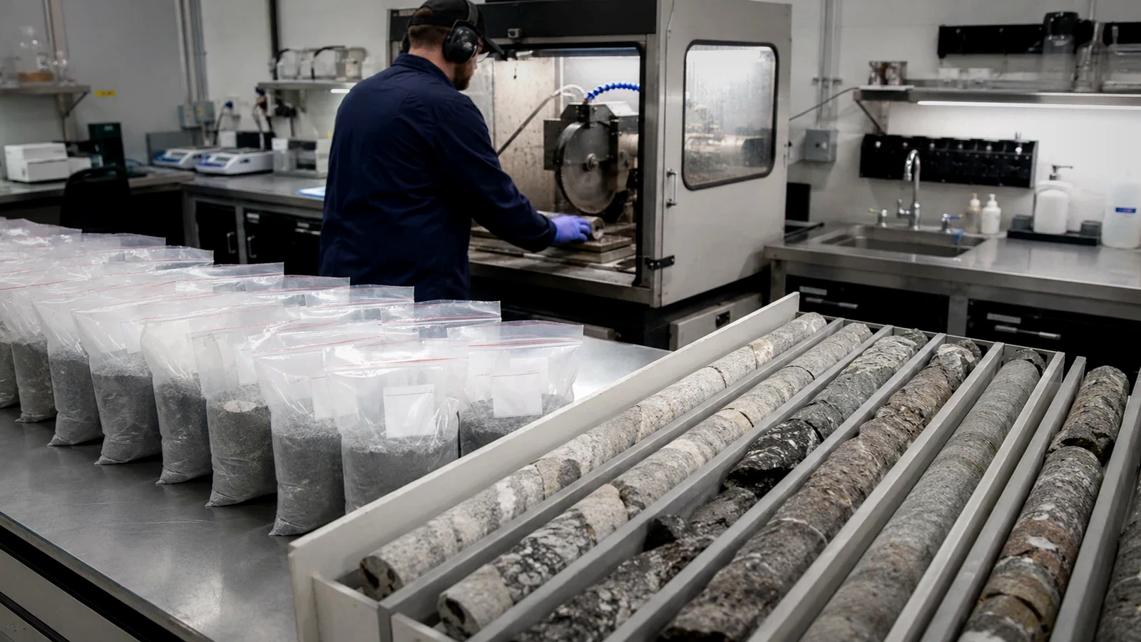 Representative editorial image of drill core logging and metallurgical sample preparation for a gold development study; not a photograph of Dakota Gold’s Richmond Hill program.