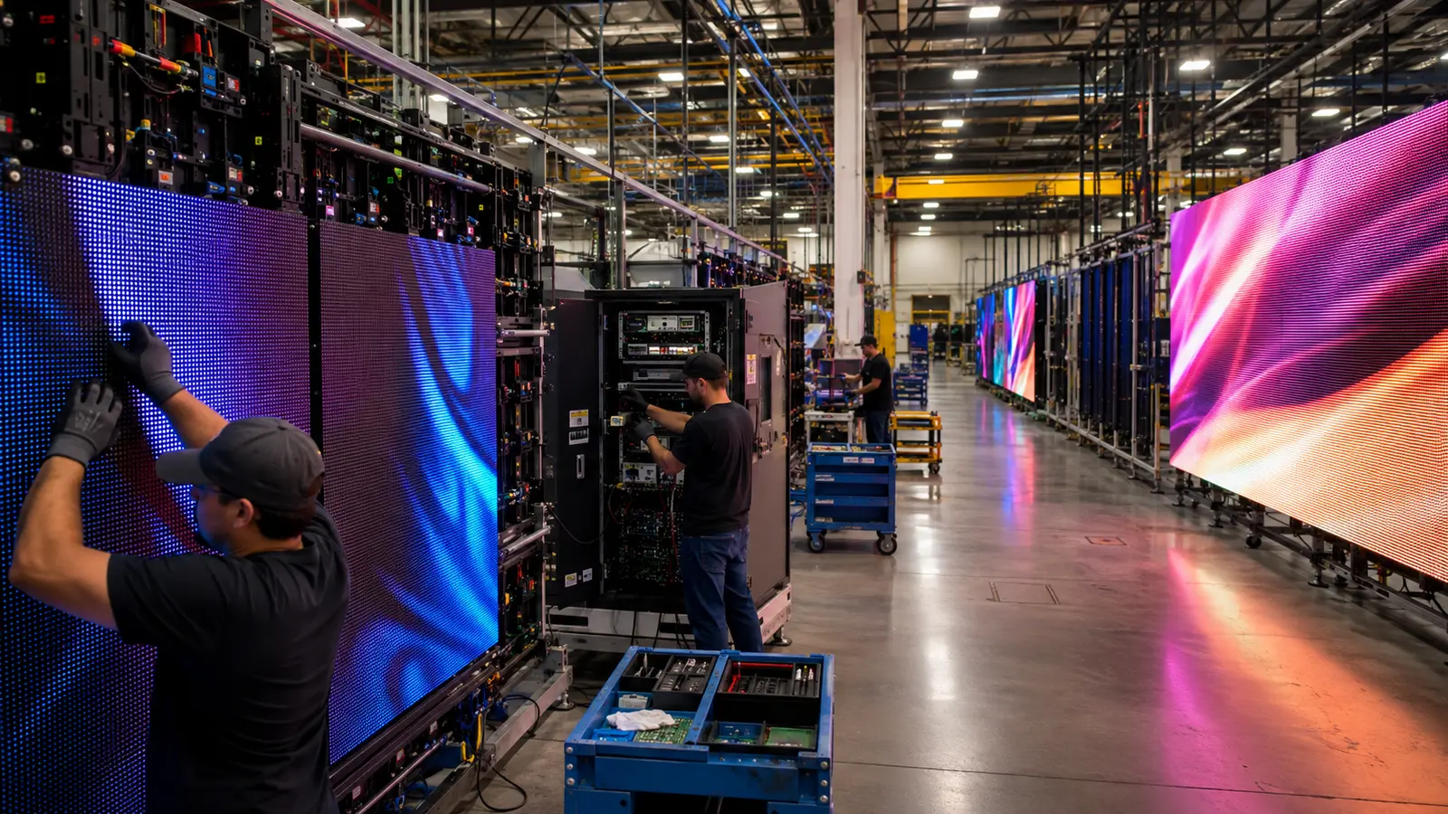 Technicians assembling and testing modular LED video displays on a modern electronics manufacturing floor