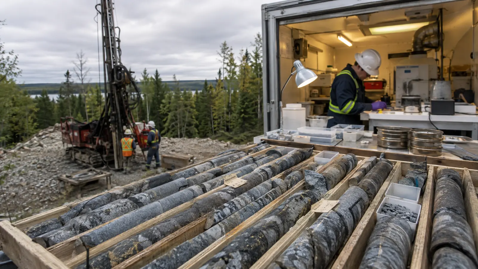Fresh drill core and metallurgical sample preparation beside a diamond drill at an Ontario gold project