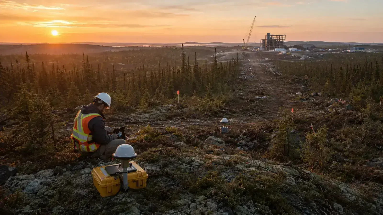 Geophysical survey work in Québec boreal forest with mill construction in the distance