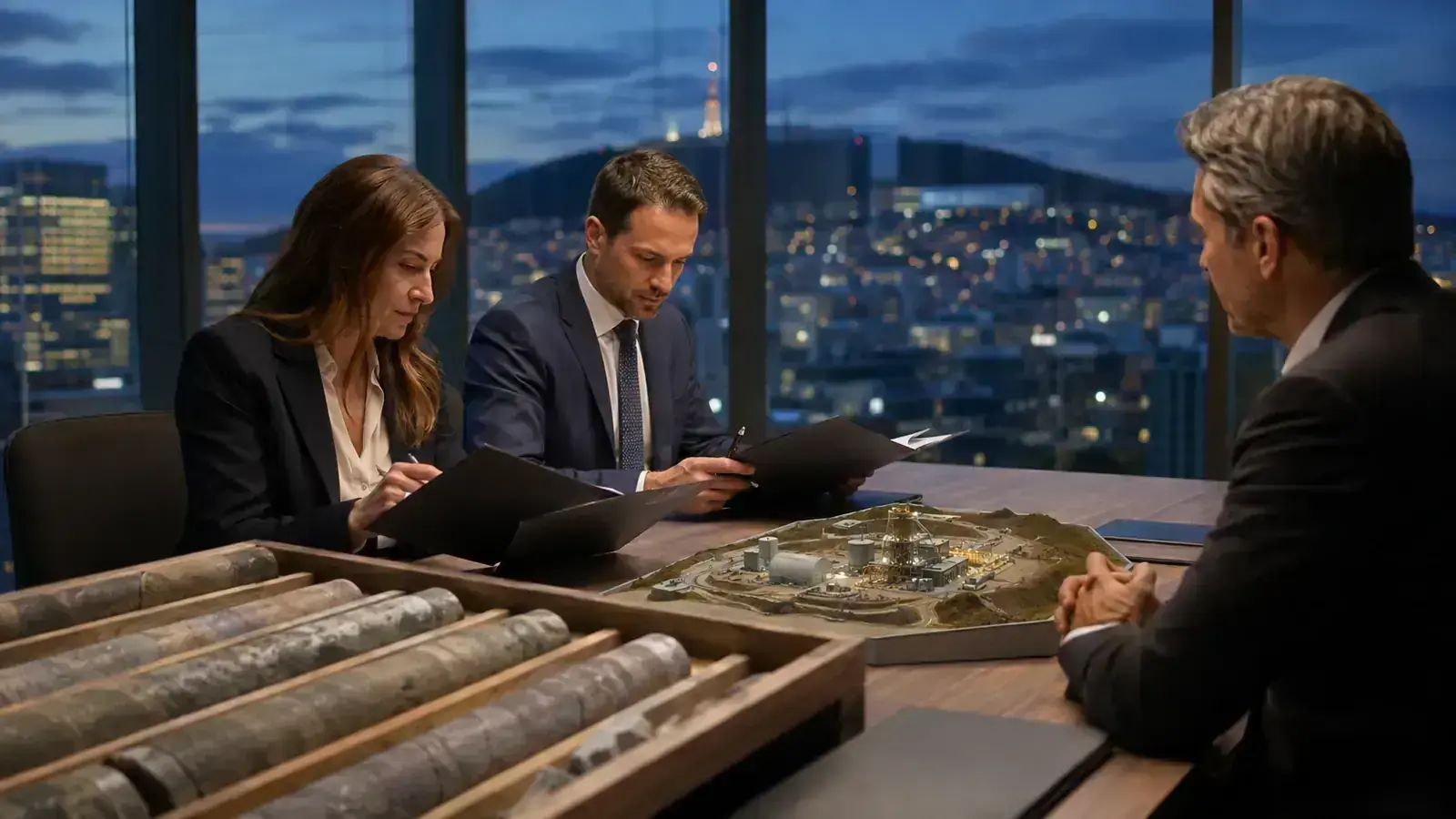 Mining and finance professionals discussing project funding in a Montreal office