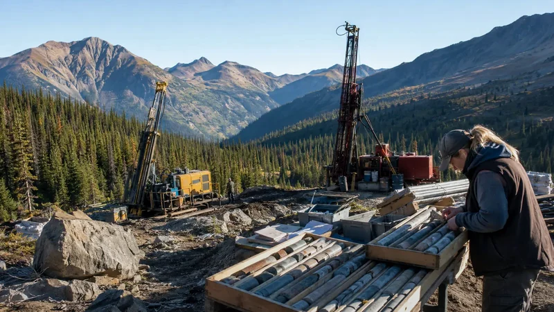 Editorial illustration of core logging and multiple drill rigs in a mountainous exploration setting; representative image, not a photograph of the Pipestone XL program.