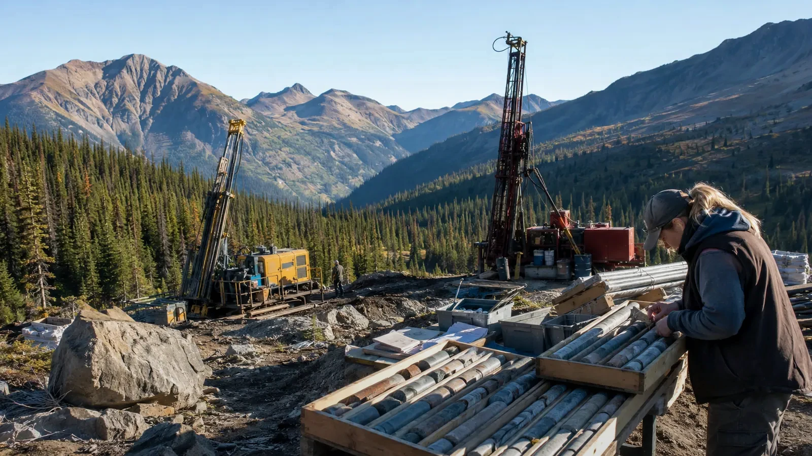 Editorial illustration of core logging and multiple drill rigs in a mountainous exploration setting; representative image, not a photograph of the Pipestone XL program.