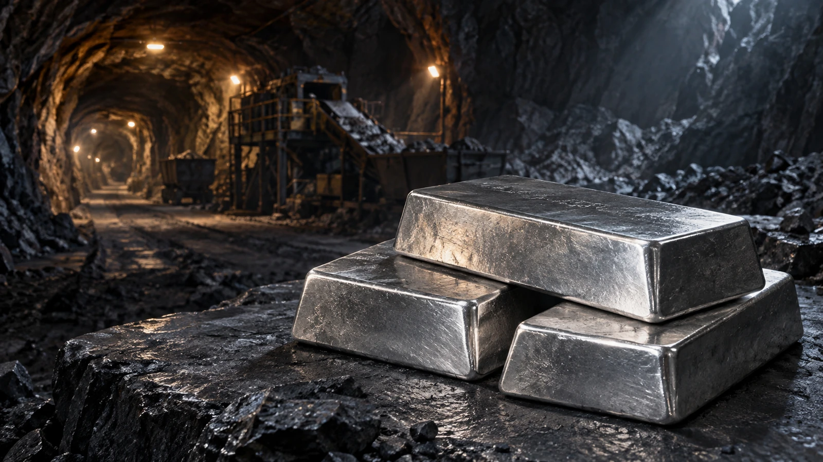 Conceptual silver bars in an underground mining setting.