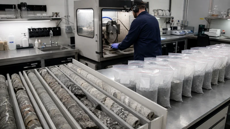 Representative editorial image of drill core preparation and geological sampling; not a photograph of Formation Metals’ N2-26-033 drill hole.
