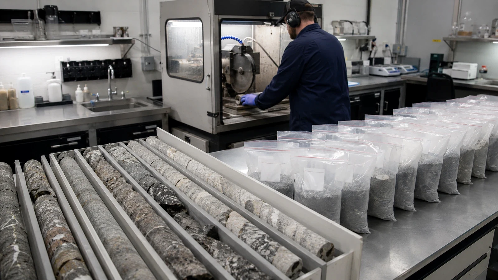 Representative editorial image of drill core preparation and geological sampling; not a photograph of Formation Metals’ N2-26-033 drill hole.