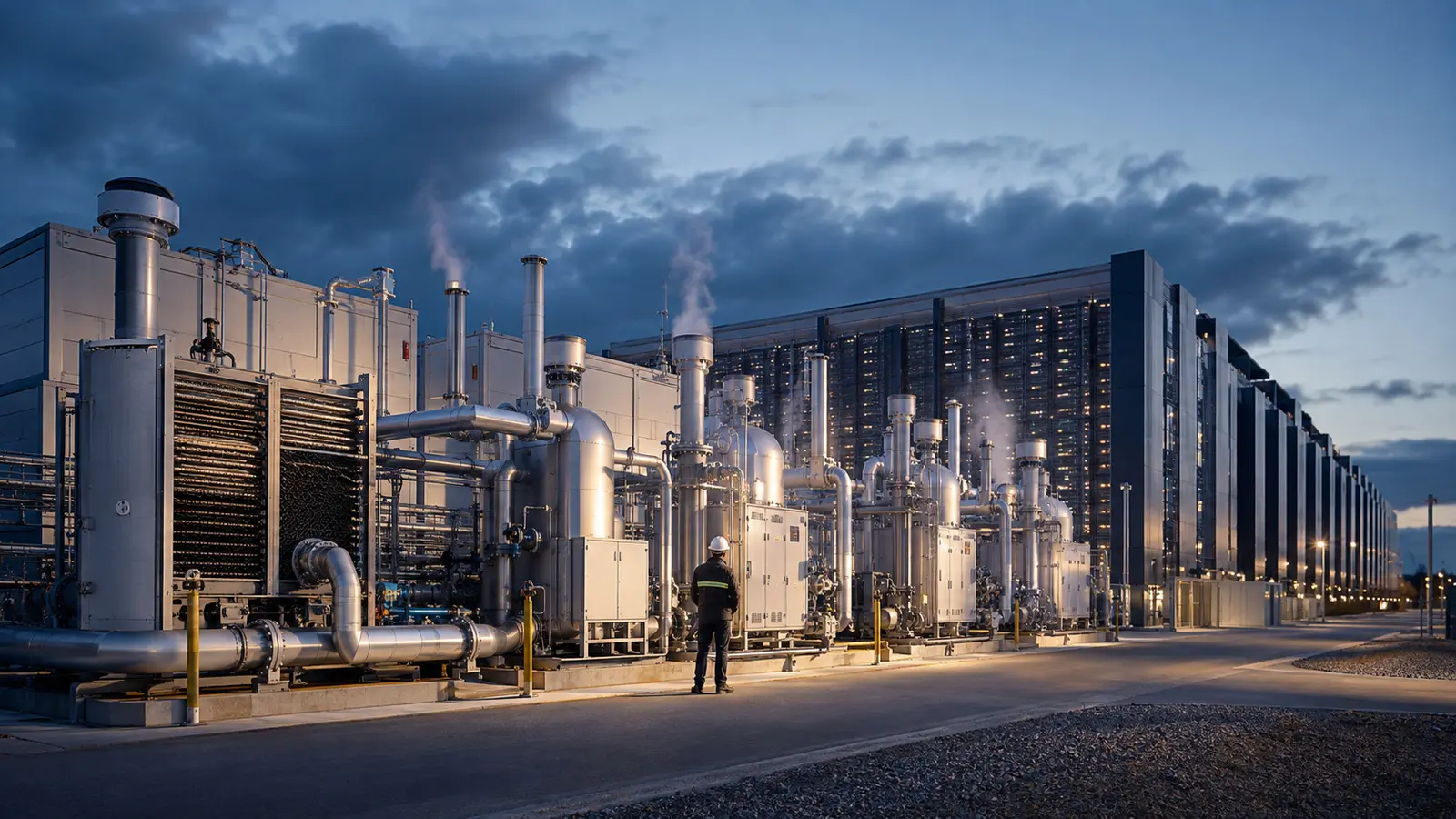 Industrial stationary fuel-cell equipment providing power beside a modern data-center facility at dusk