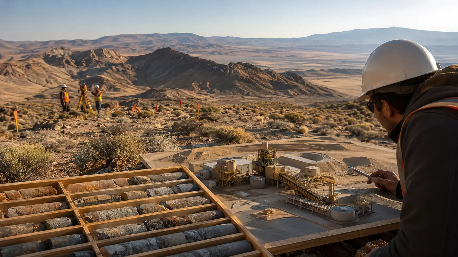 Nevada desert survey work with drill core and a physical model of a proposed gold processing facility