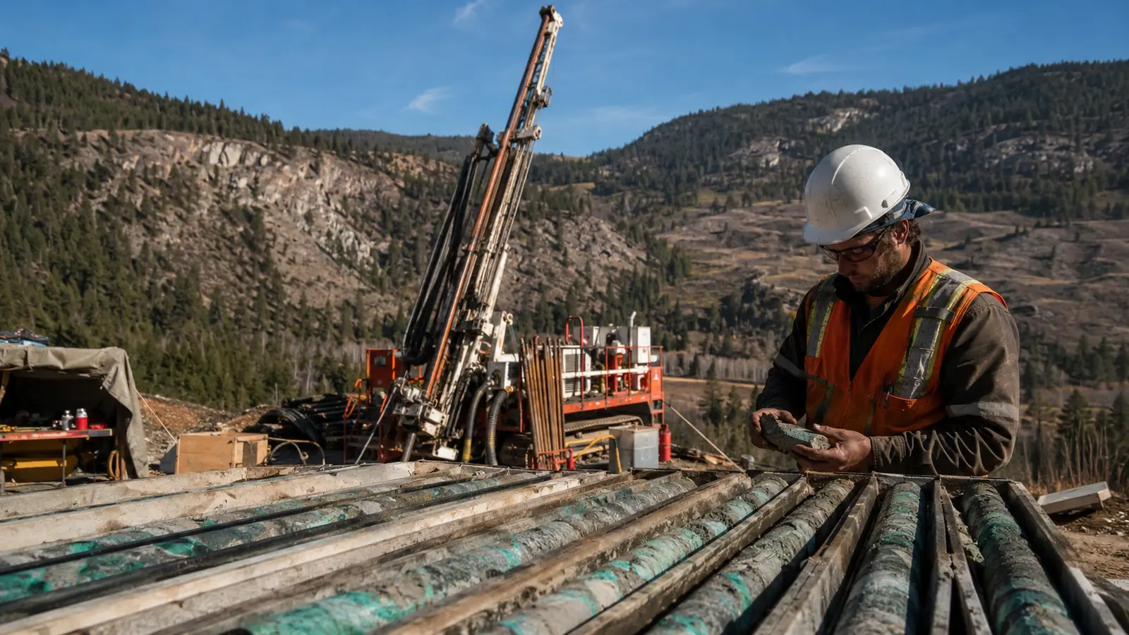 Geologist examining copper-mineralized drill core beside an active drill rig in British Columbia’s Highland Valley district