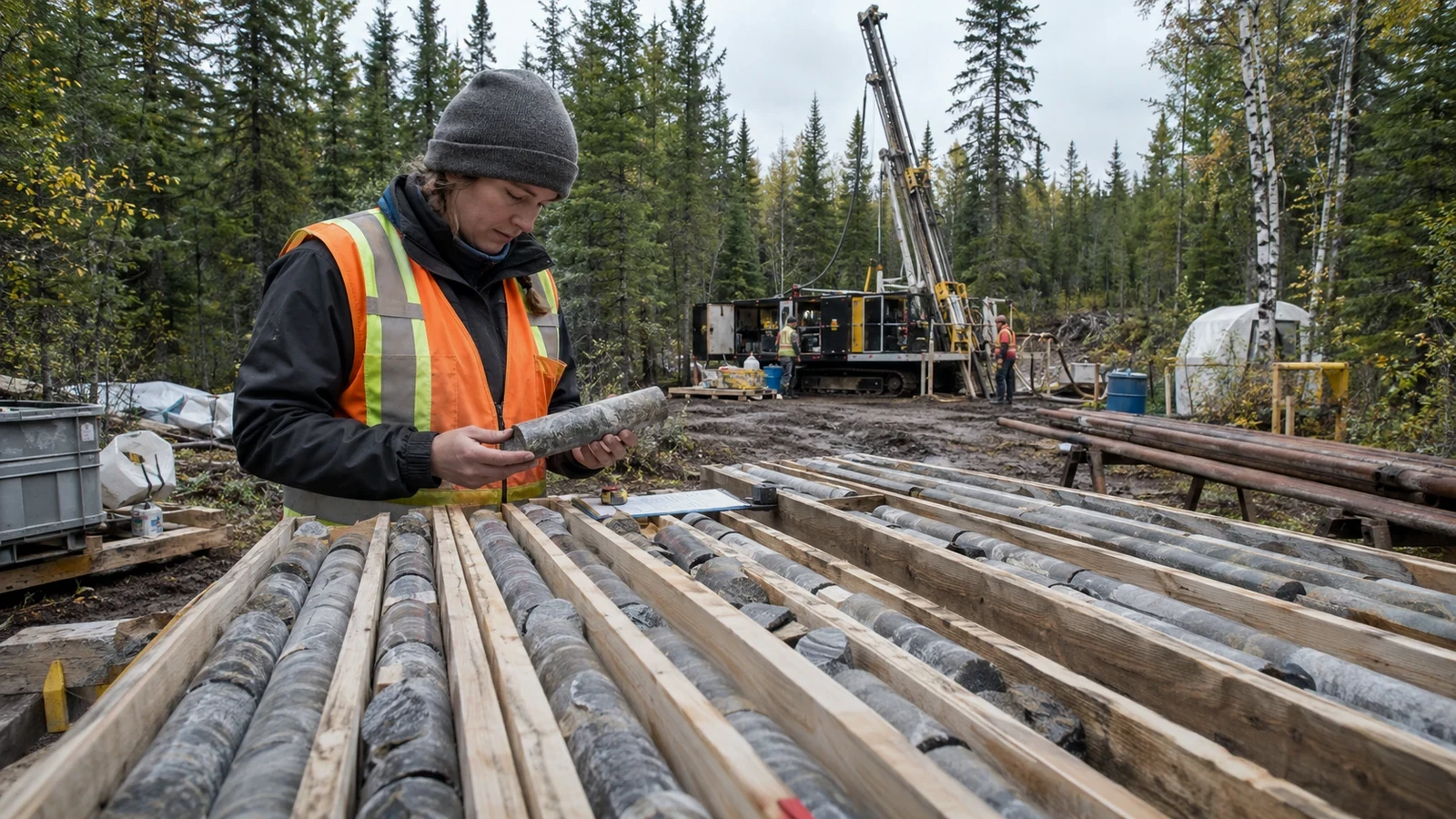 Editorial illustration of core logging and diamond drilling in a forested exploration camp; representative image, not a photograph of Goliath’s September 18 drill holes.