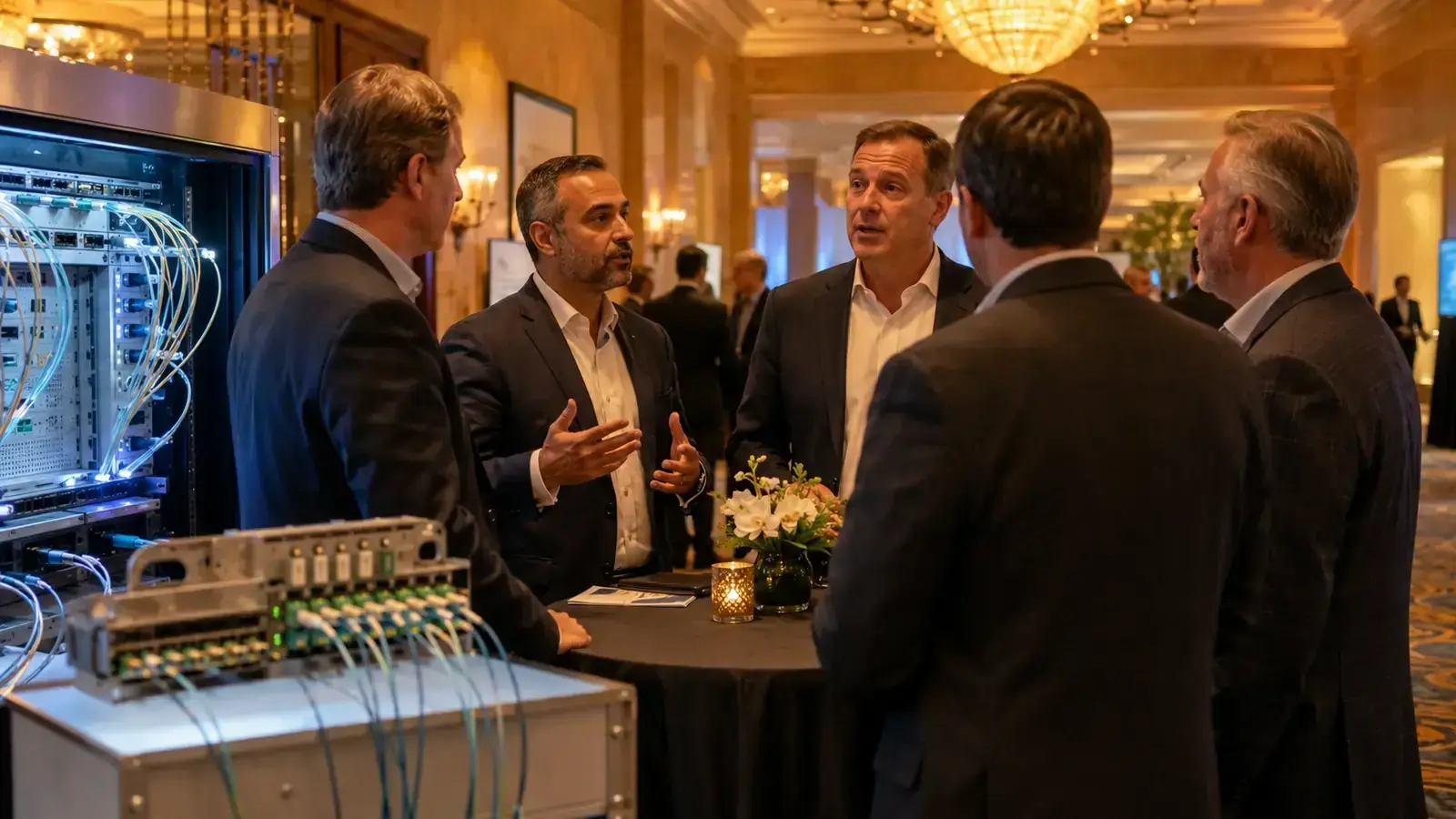 Technology executives meeting investors beside telecom hardware at a Las Vegas conference