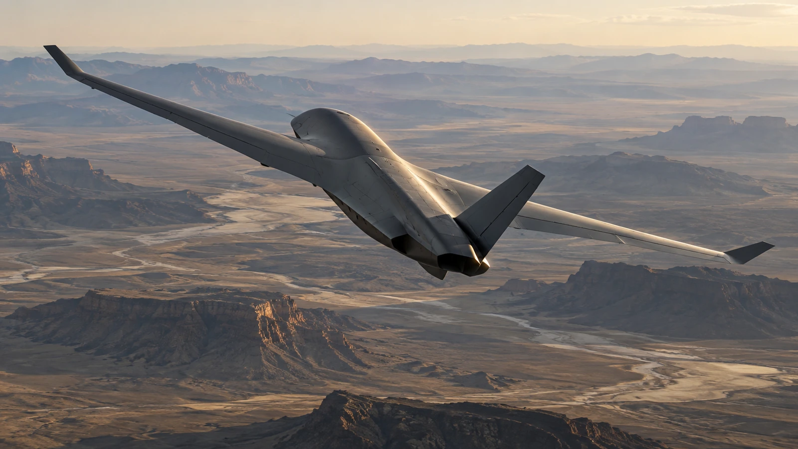 Conceptual unmanned aircraft flying over a desert landscape.