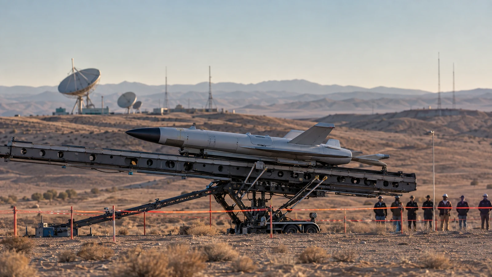 An uncrewed aerial target on a desert flight-test range with radar and telemetry systems