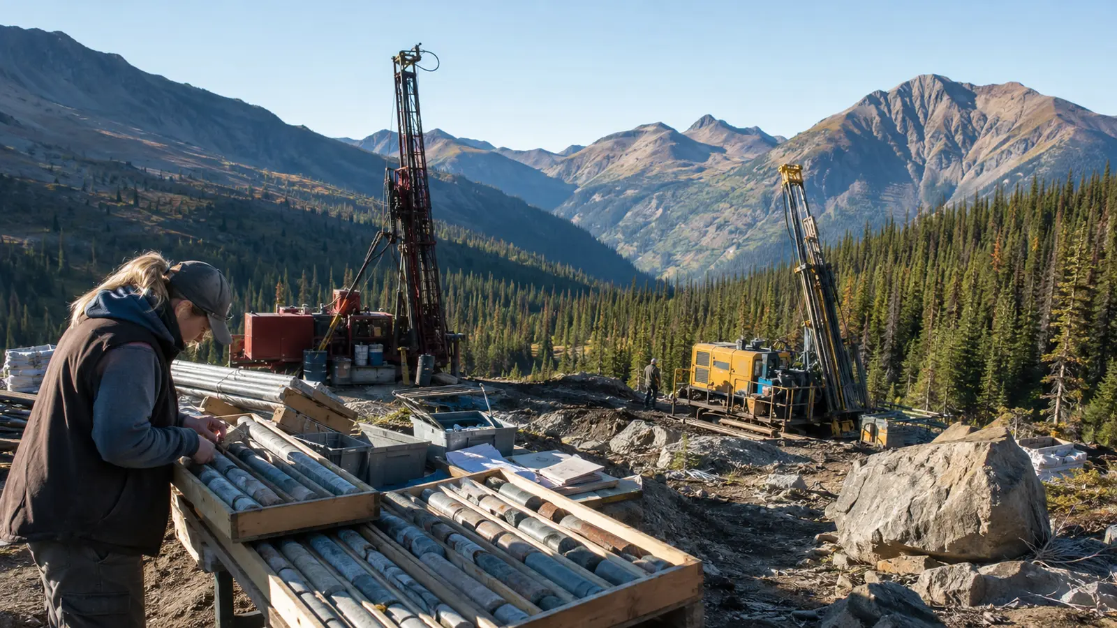Two diamond drill rigs and organized core boxes at a British Columbia mountain exploration camp