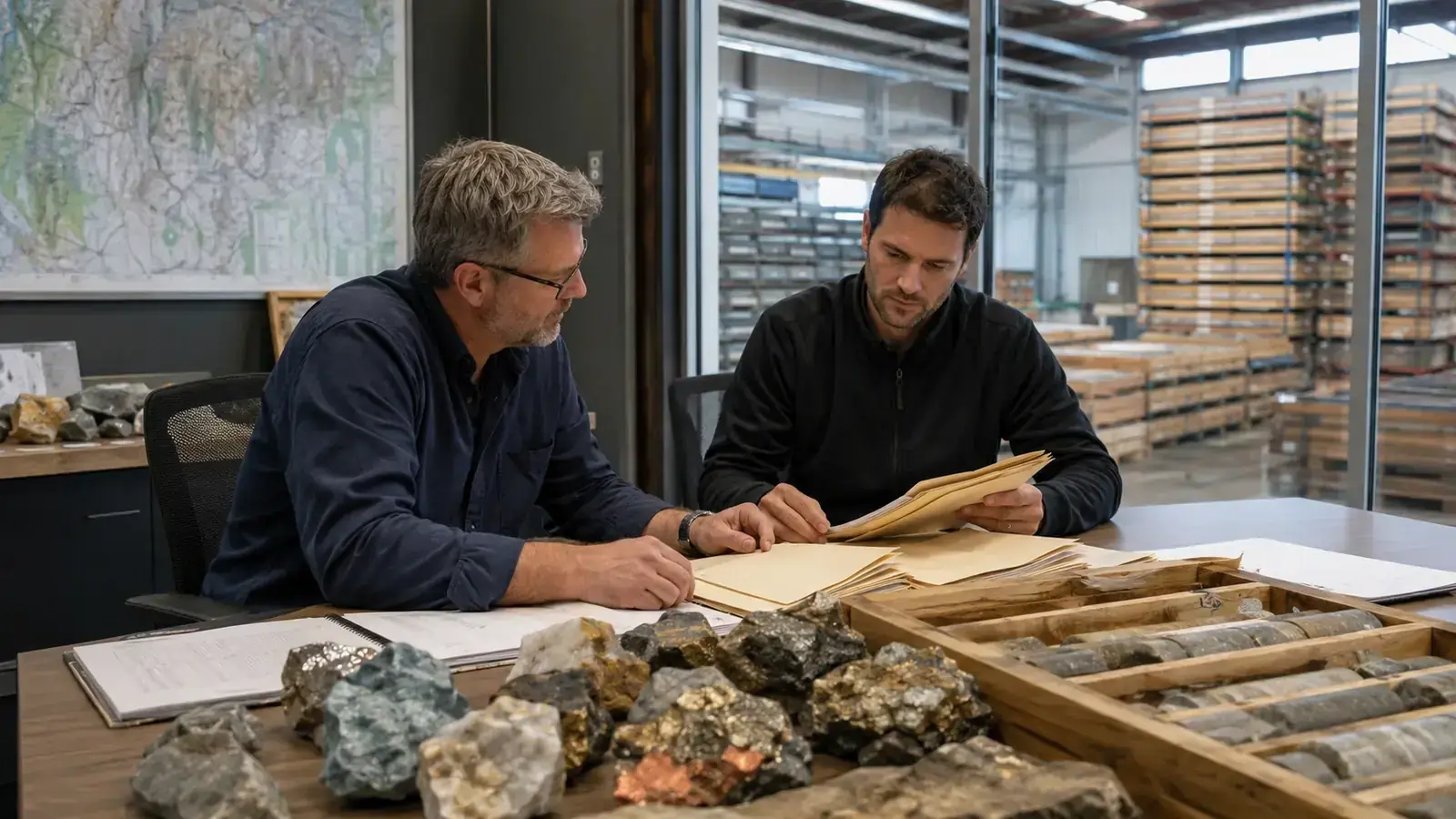 Exploration and finance managers planning beside a North Carolina core-storage facility