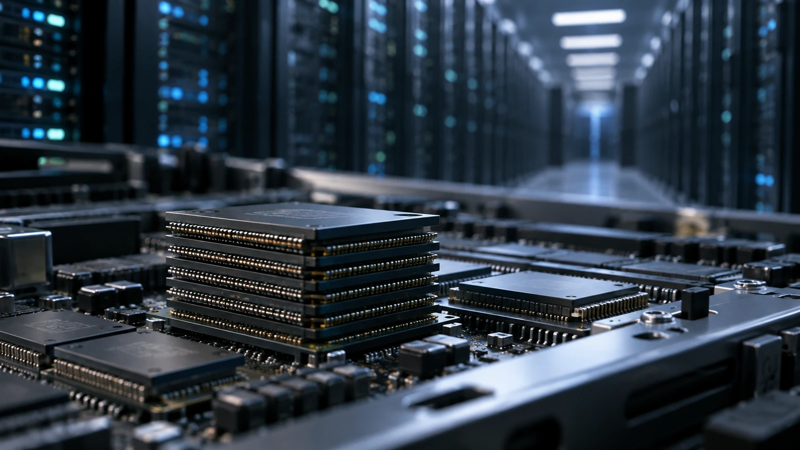Conceptual memory stacks before softly lit data-center racks.