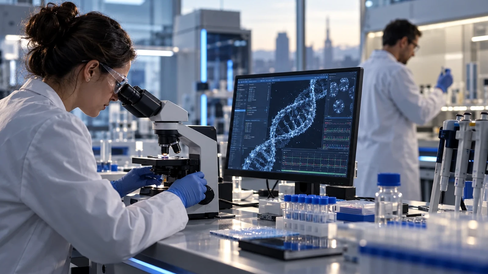 Conceptual editorial illustration of molecular structure prediction running across cloud GPU infrastructure; representative image, not an actual MindWalk, AMD or Vultr system screenshot.