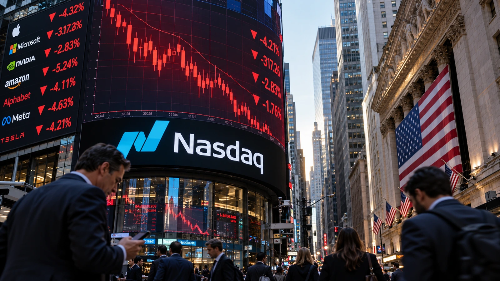 Original editorial graphic illustrating Inflation Surprise Sends Nasdaq Lower as Technology Valuations Face a Rate Test