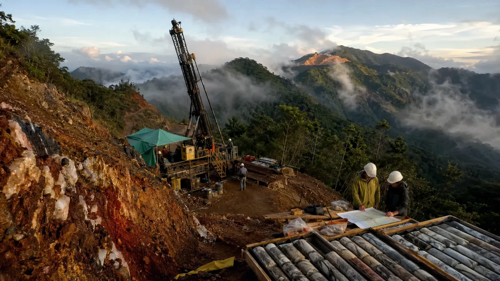 Editorial illustration of diamond drilling and core inspection in a steep mountain setting; representative image, not a photograph of Nicola’s MB Zone program.