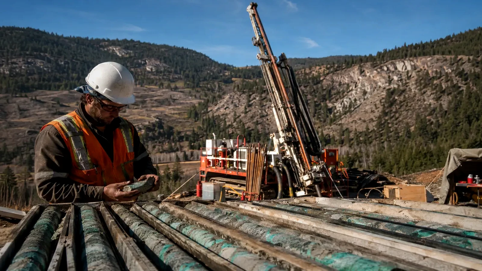 Representative editorial image of copper-bearing drill core and an active mineral exploration drill site; not a photograph of Northmin’s Tynagh drilling.