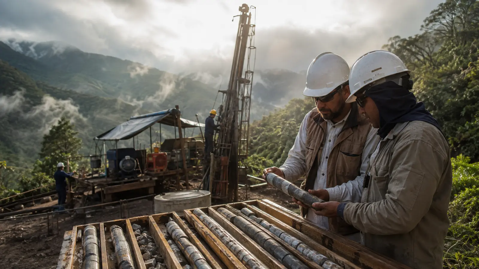 Geologists reviewing drill core at a remote mountain exploration site representing Orosur Mining’s Anzá program in Colombia